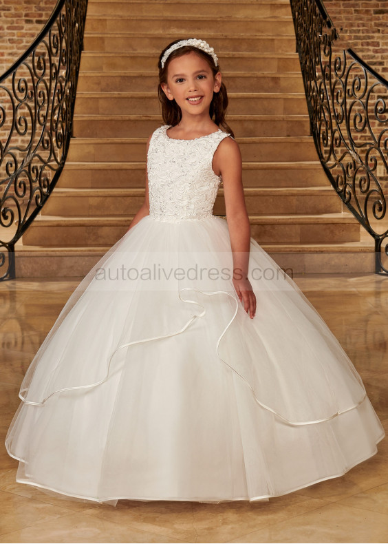 Beaded Ivory Lace Tulle Beautiful Flower Girl Dress With Satin Hem